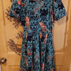 LuLaRoe Short-Sleeve "Amelia" Dress with pockets in Teal and Coral native vibe